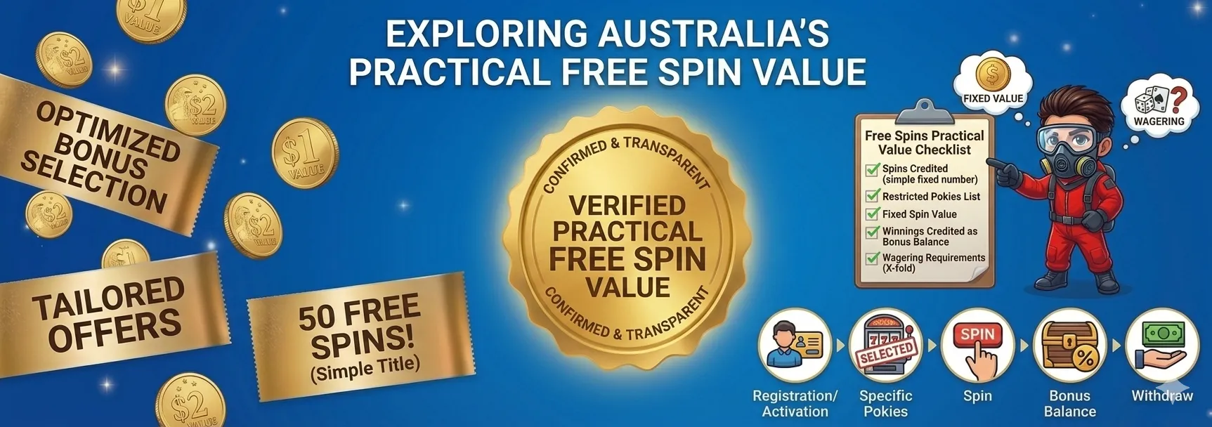 Infographic showing how free spins value works in Australian online casinos, including fixed spin value, wagering requirements, bonus balance, and optimized bonus selection.