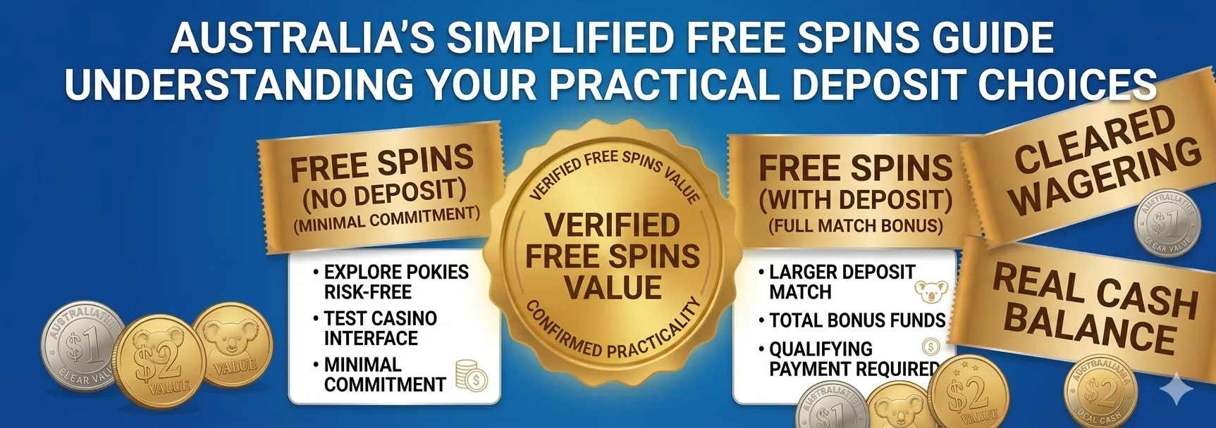 australia free spins infographic comparing no deposit and deposit bonuses with wagering and real cash balance outcomes