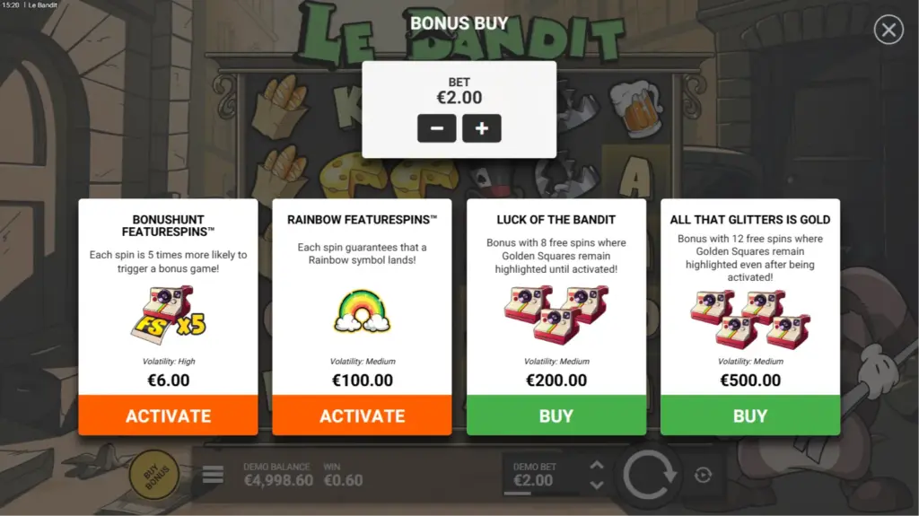 Le Bandit slot paytable and winning combinations