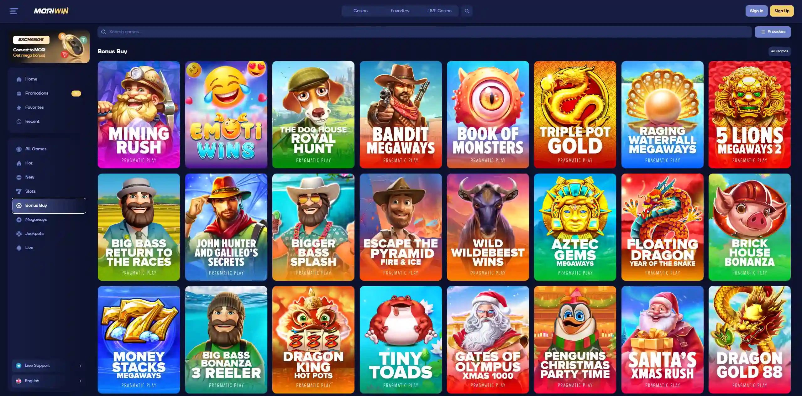 Mori Win bonus buy slots lobby with featured online slot games