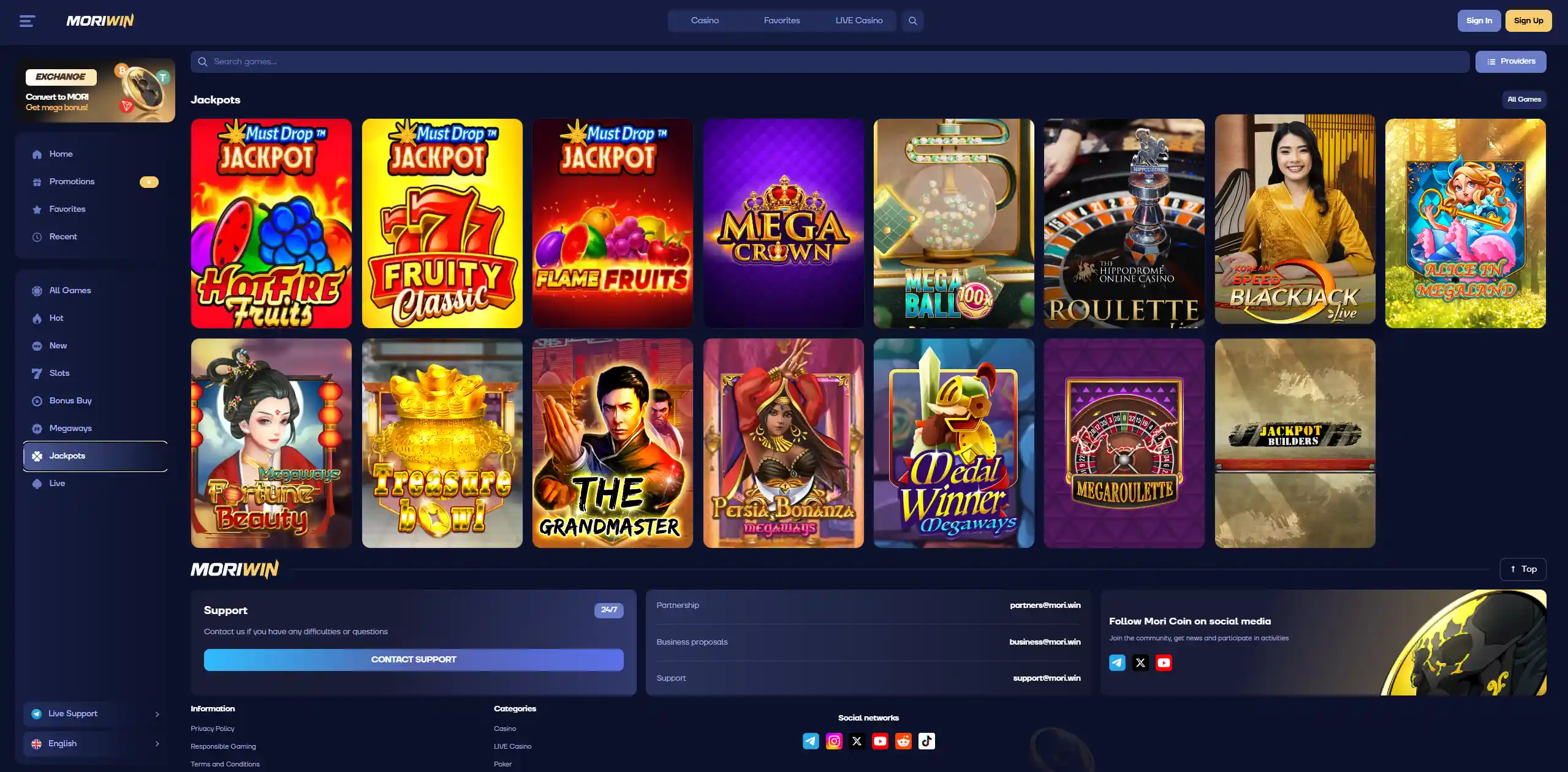 Mori Win jackpots lobby with jackpot games, roulette, blackjack, and site footer