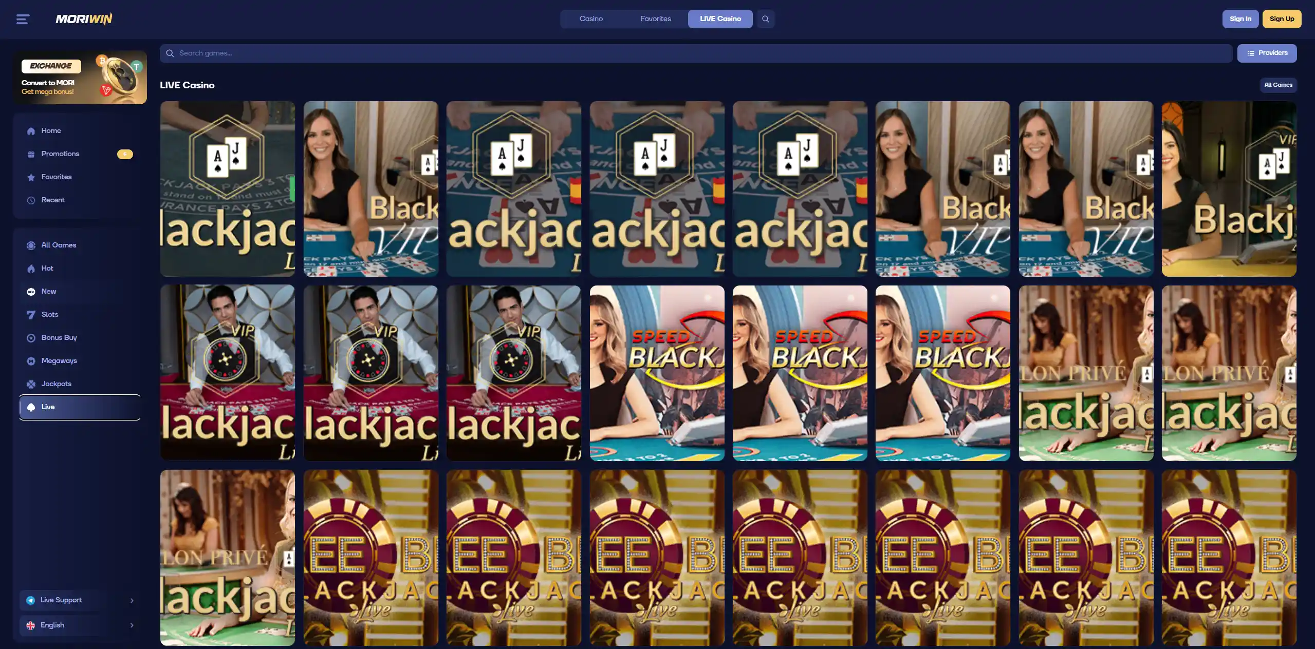 Mori Win live casino lobby with blackjack tables and live dealer games