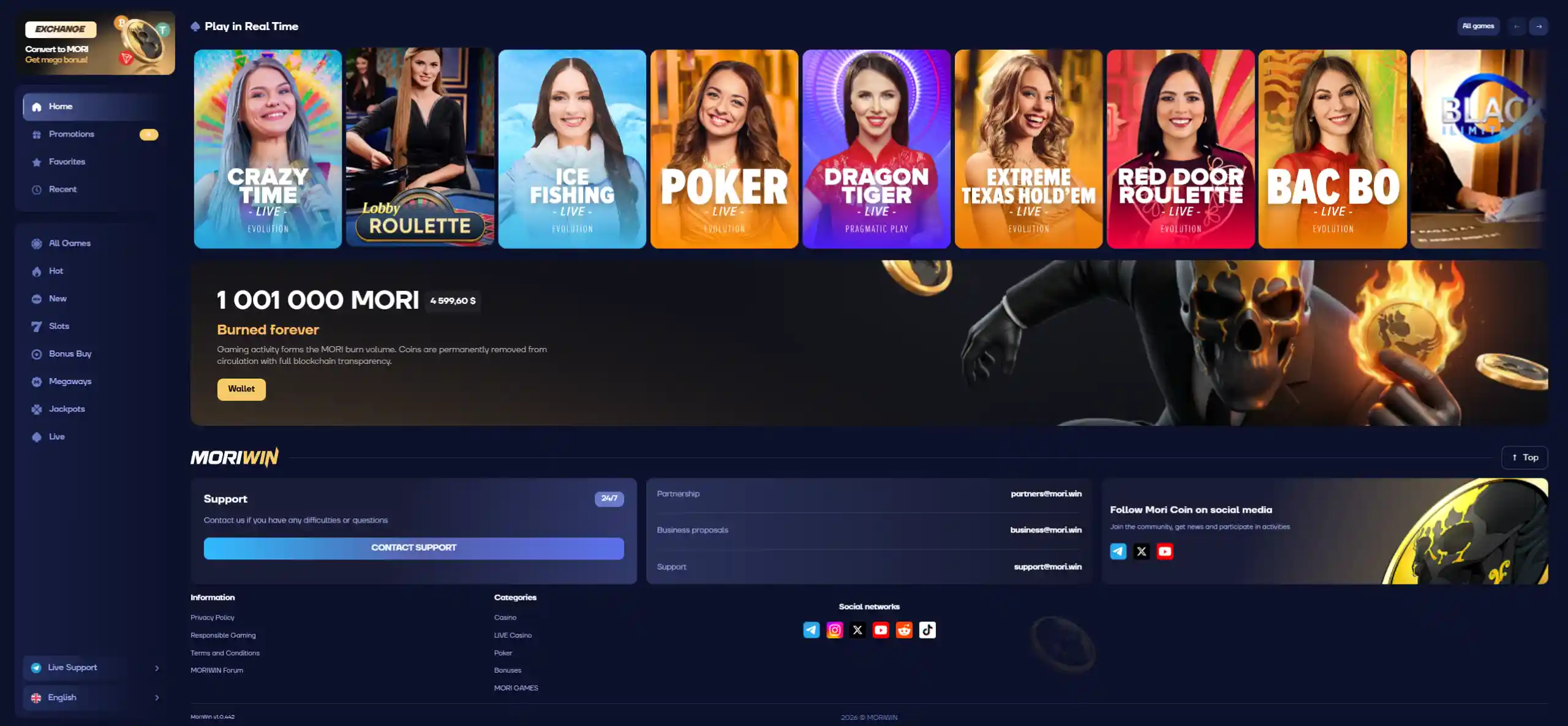 Mori Win live casino lobby with live dealer games and site footer