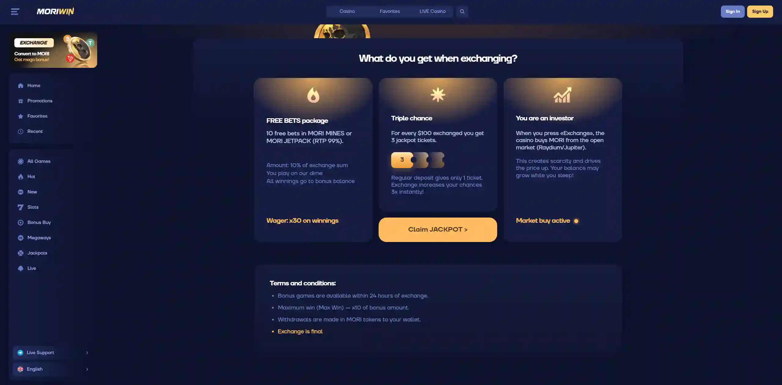 Mori Win MORI Coin benefits section with free bets, jackpot chances, and investor rewards