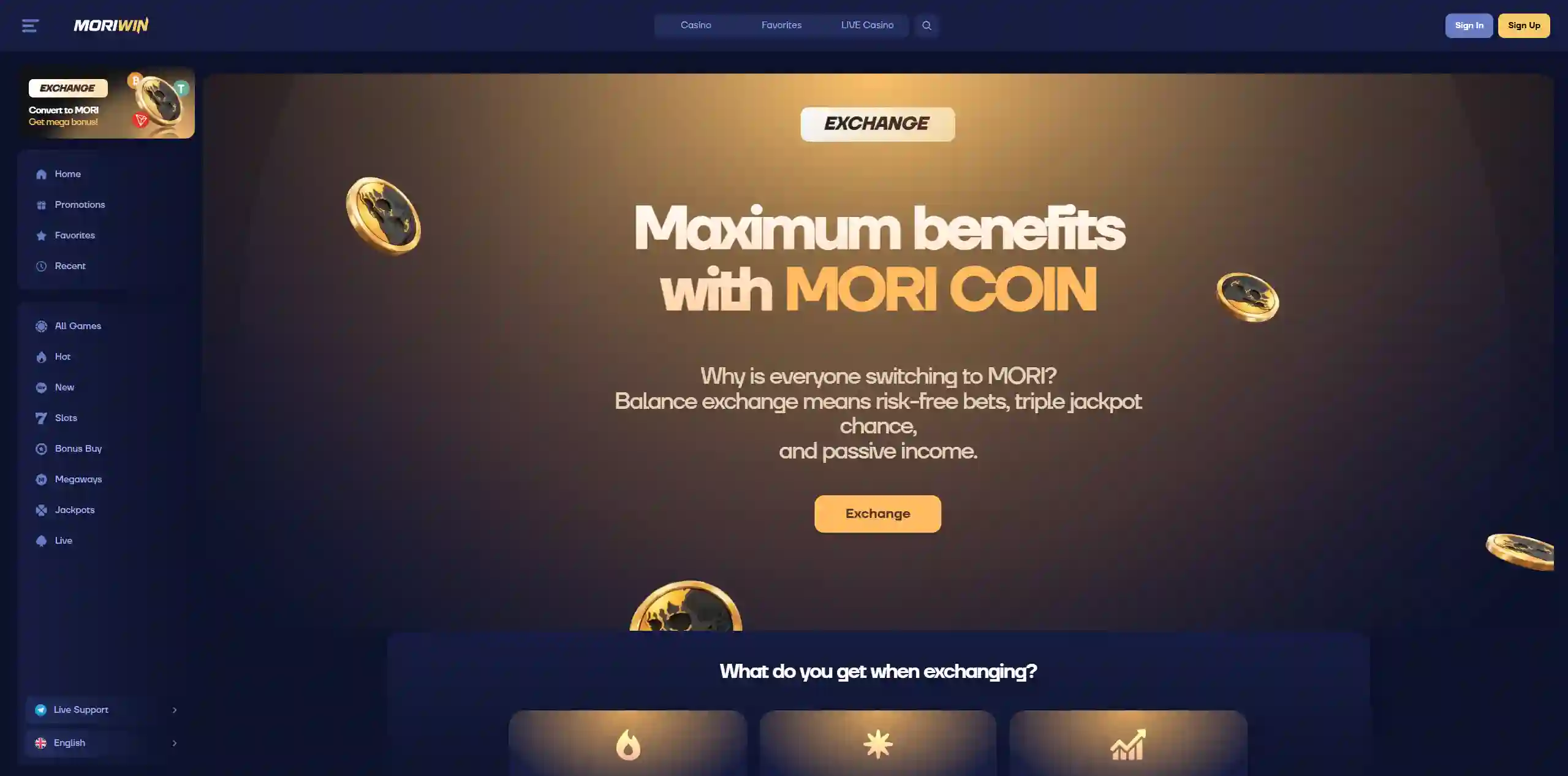 Mori Win MORI Coin exchange page with token benefits and platform features