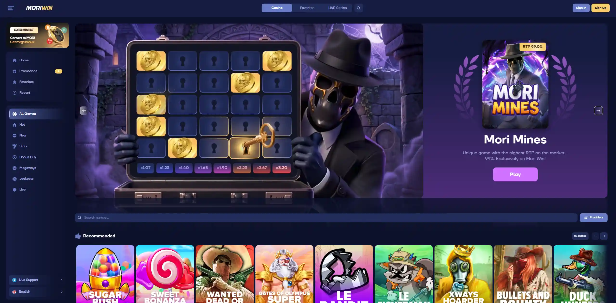 Mori Win Mori Mines in-house game page with mines grid and bonus multipliers