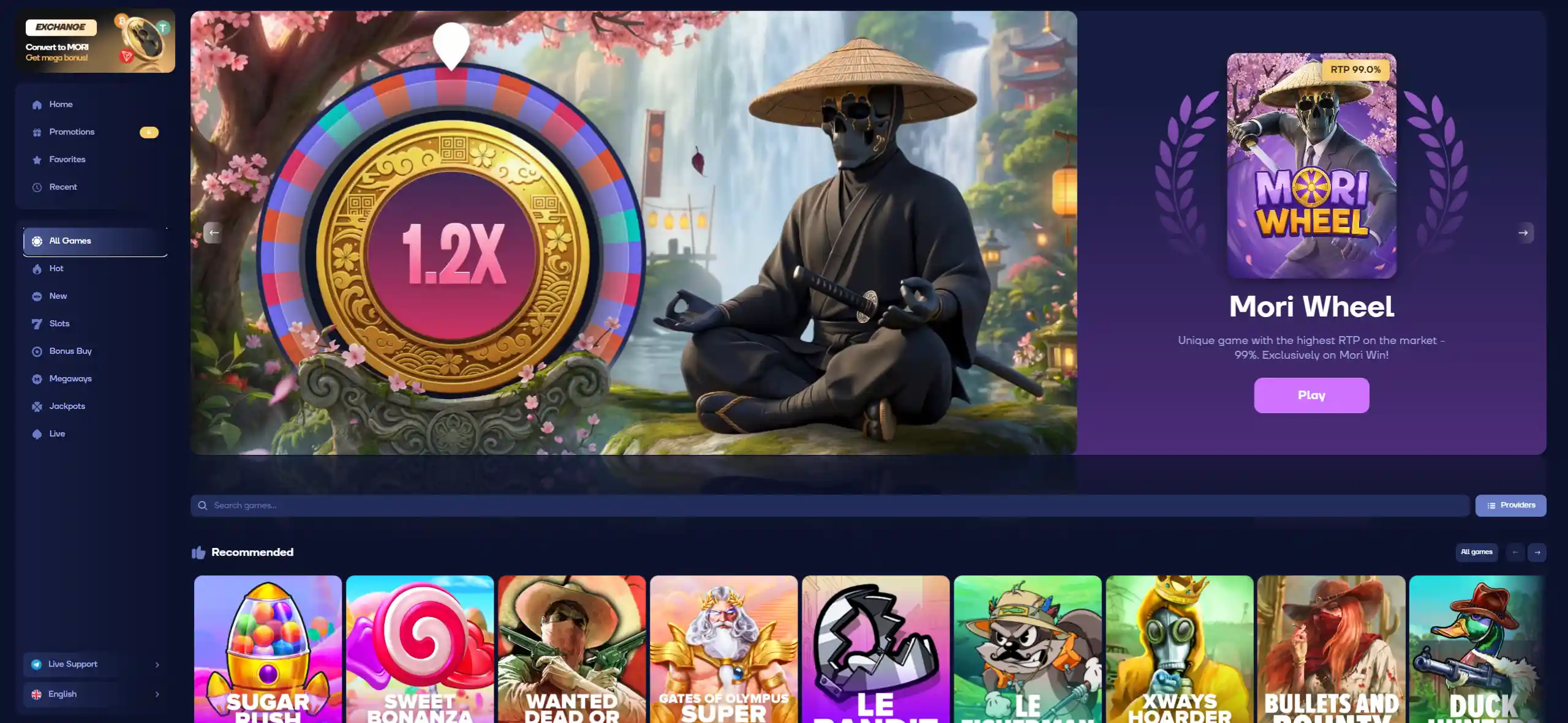 Mori Win Mori Wheel in-house game page with bonus wheel interface