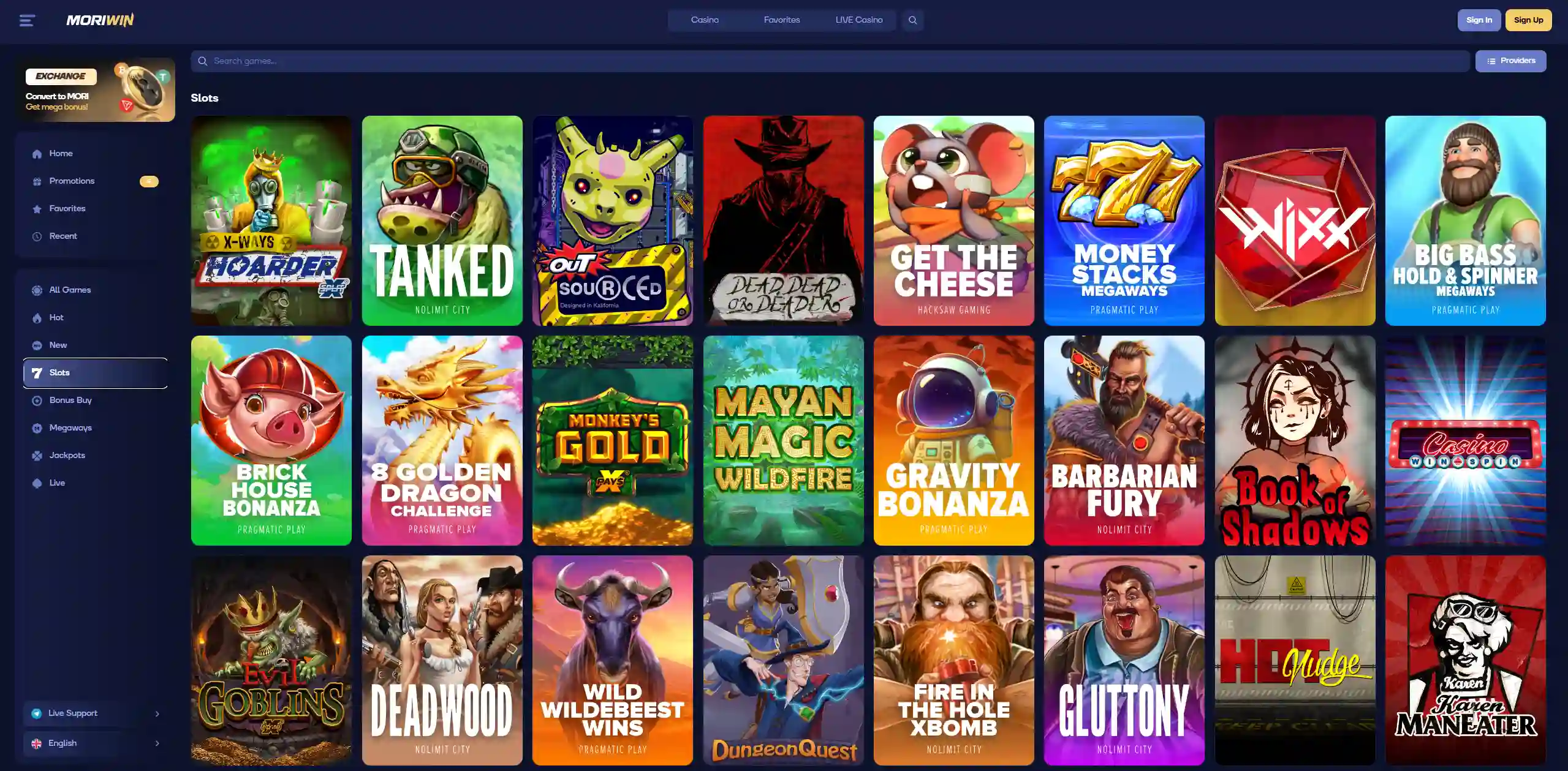 Mori Win slots lobby with a selection of online slot games