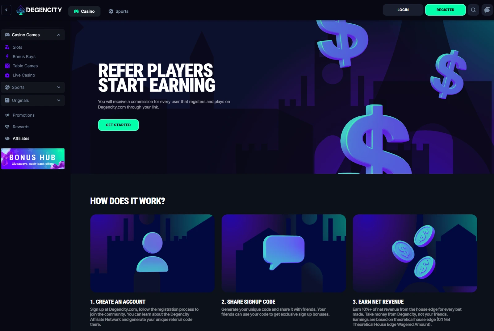 DegenCity affiliate program page explaining how to refer players and earn