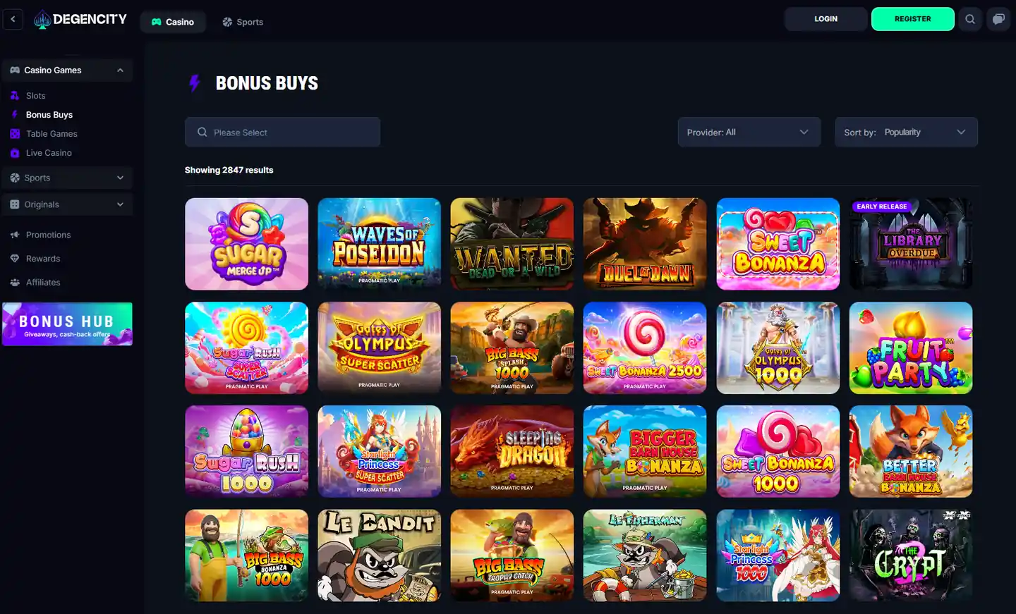 DegenCity Bonus Buys section with feature-buy pokies from Pragmatic Play