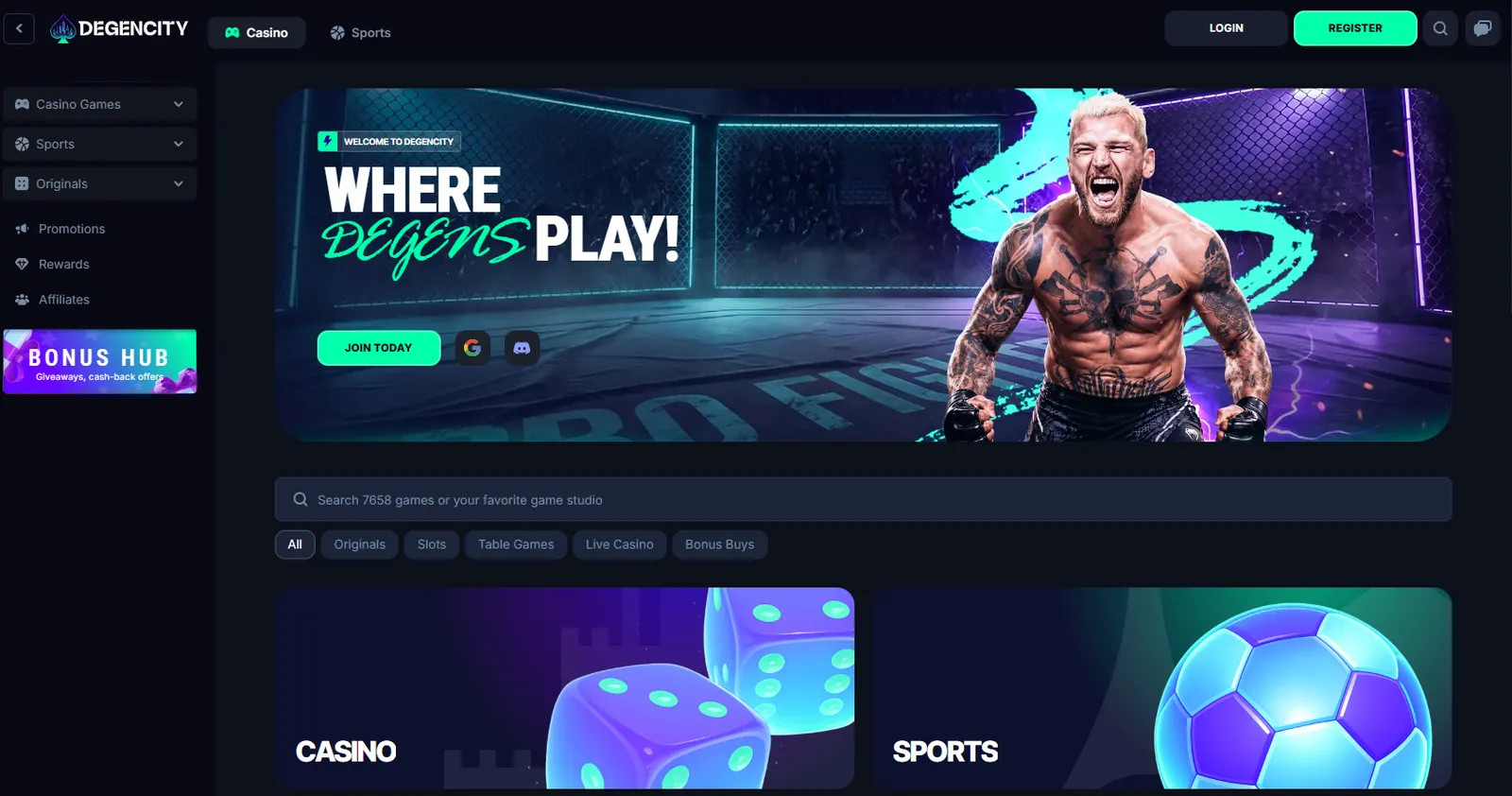 DegenCity Casino homepage with the "Where Degens Play" welcome banner