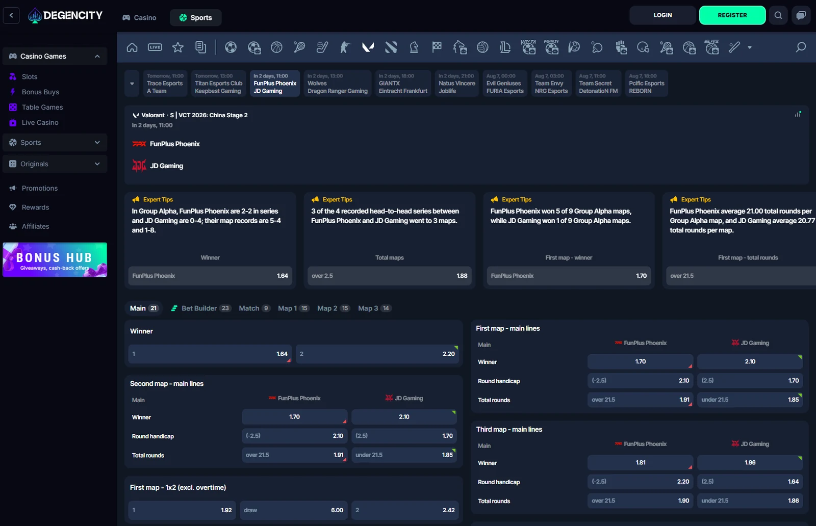 DegenCity esports betting page for a Valorant VCT 2026 match