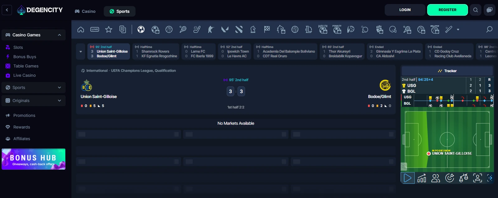 DegenCity live football match tracker with real-time score and stats
