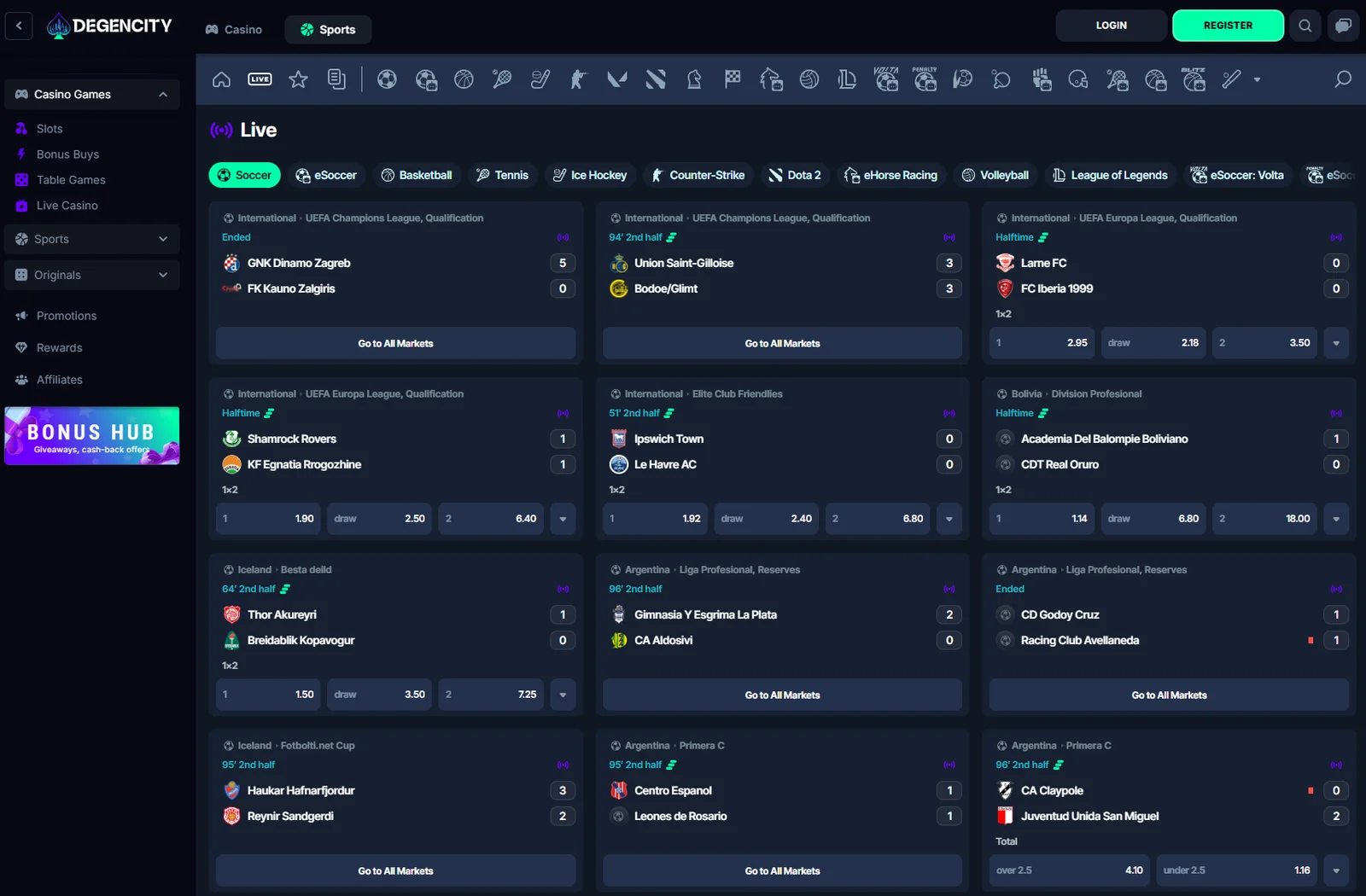 DegenCity live sports betting page with in-play soccer matches and odds
