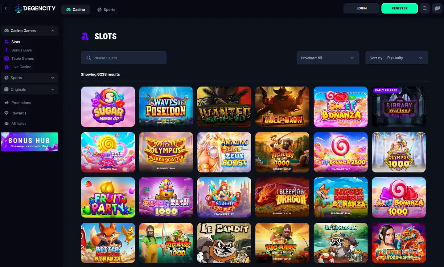 DegenCity online pokies lobby showing over 6,200 slot games