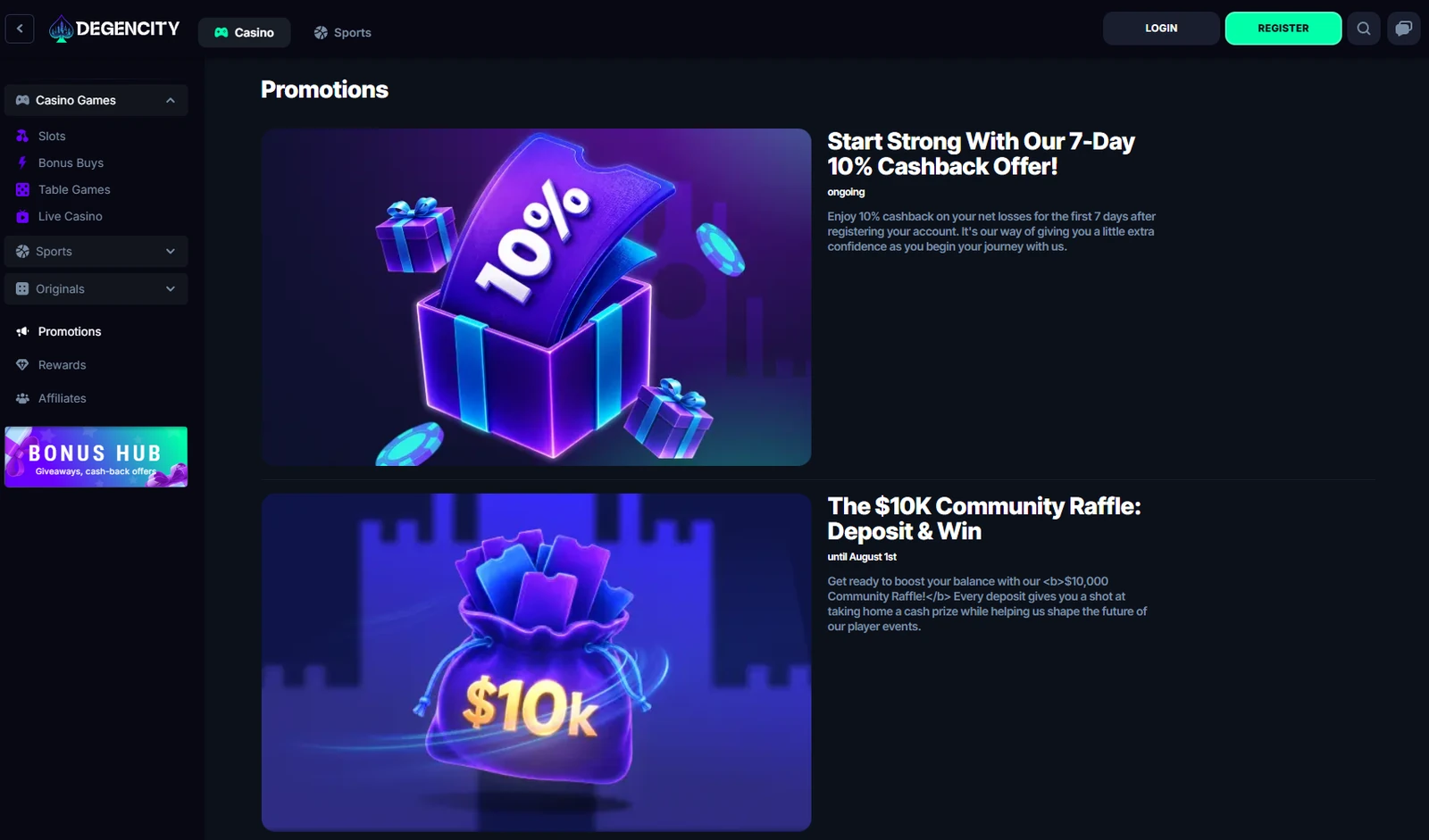 DegenCity promotions page showing the 7-day 10% cashback offer
