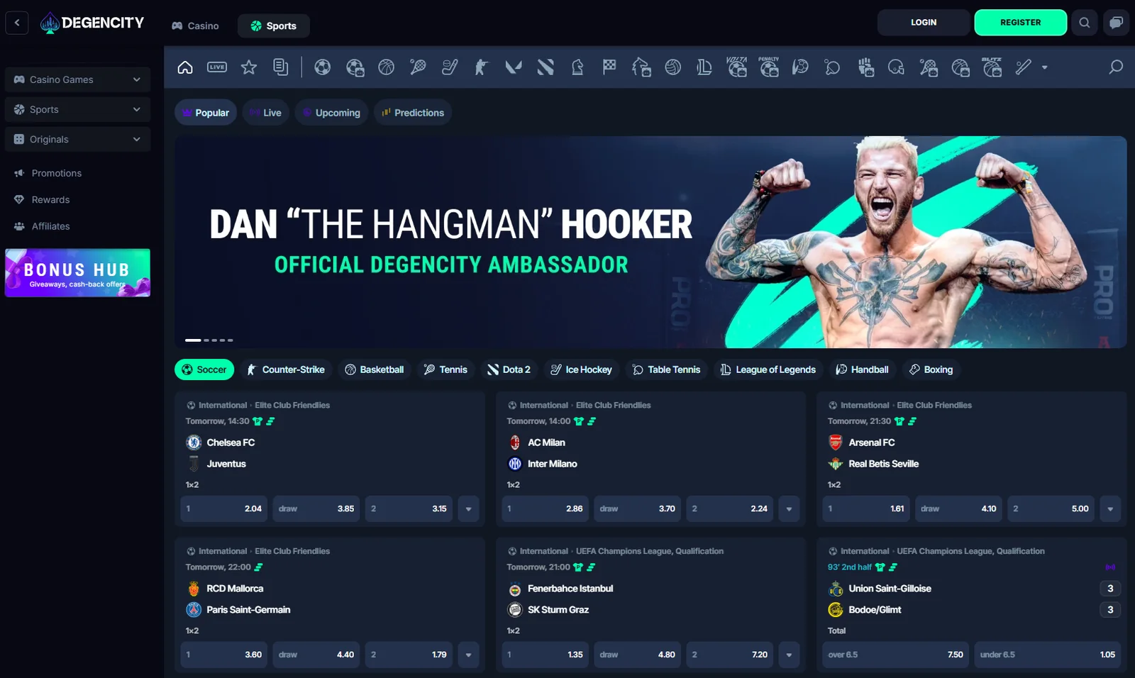 DegenCity sportsbook homepage featuring ambassador Dan "The Hangman" Hooker