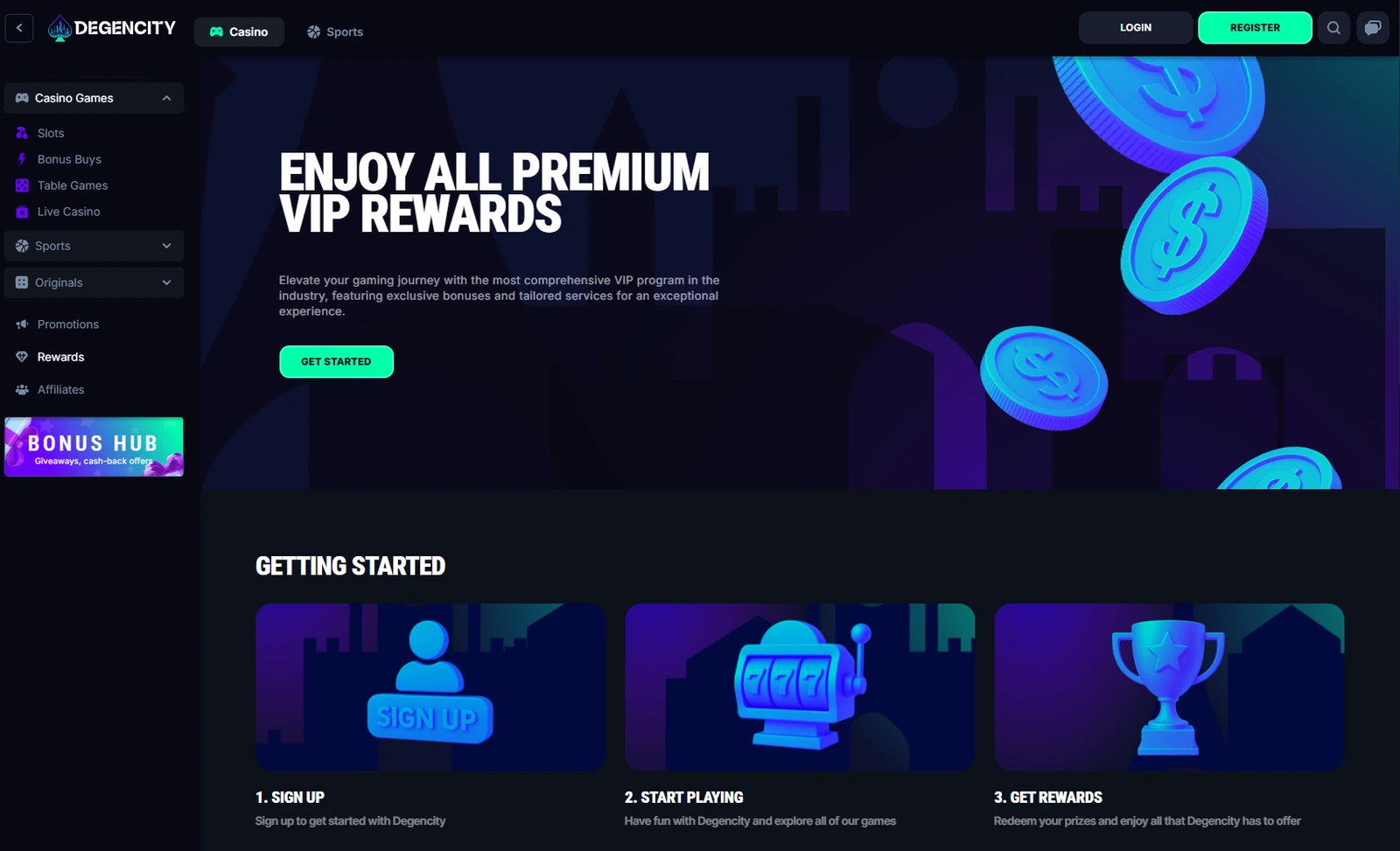 DegenCity VIP rewards program page with tiered player benefits