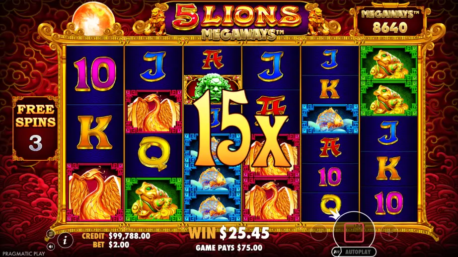 5 Lions Megaways free spins win with 15x wild multiplier