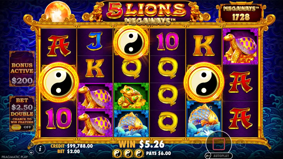 5 Lions Megaways three yin-yang bonus symbols triggering free spins