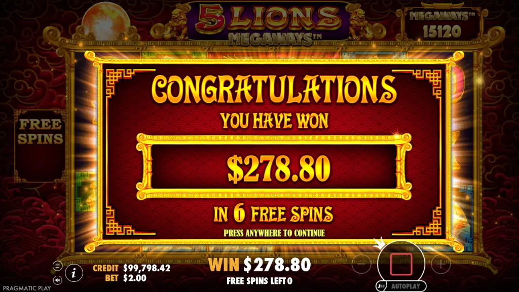5 Lions Megaways 6 free spins total win screen