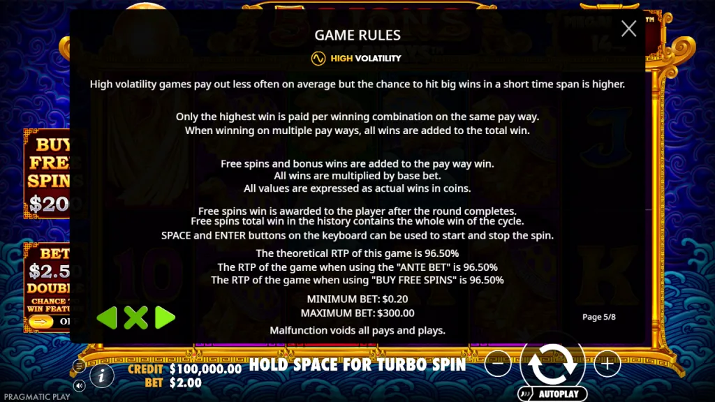 5 Lions Megaways game rules with 96.50% RTP and high volatility