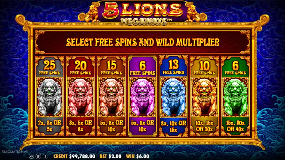 5 Lions Megaways select free spins and wild multiplier screen