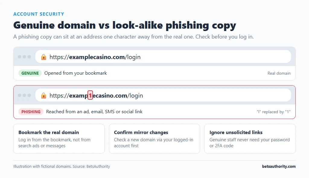 Two browser address bars comparing a genuine casino domain with a look-alike phishing domain where the letter l is replaced by the number 1