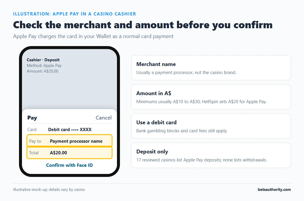 Mock-up of an Apple Pay payment sheet in a casino cashier showing a payment processor as the merchant and a A$20.00 total, confirmed with Face ID