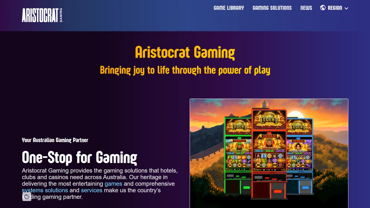 Aristocrat Gaming's Australian homepage in October 2026 with the One-Stop for Gaming text and three Legend-branded gaming machines