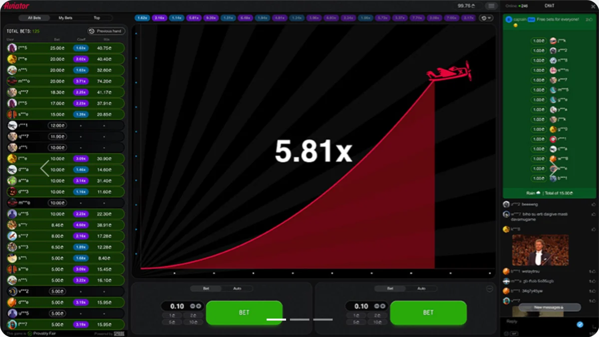 Spribe's Aviator game screen on spribe.co with the multiplier curve at 5.81x, the live bets list on the left, two bet panels and the chat with a Rain free-bet drop