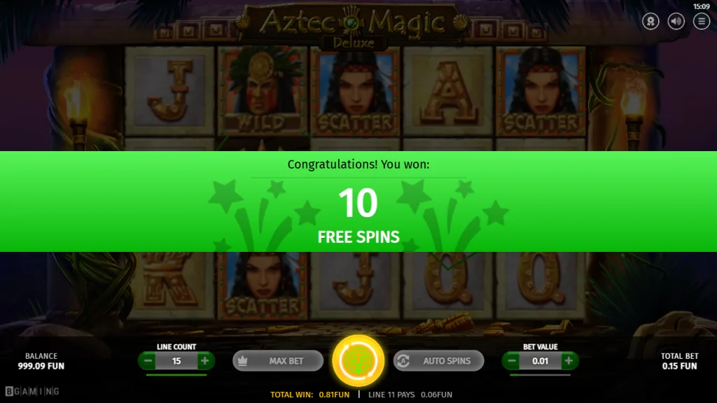 Aztec Magic Deluxe 10 free spins awarded