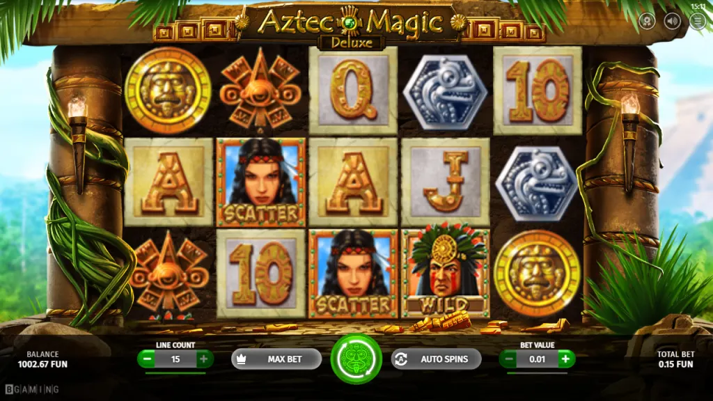 Aztec Magic Deluxe 5x3 reels with wild, scatter and Aztec symbols
