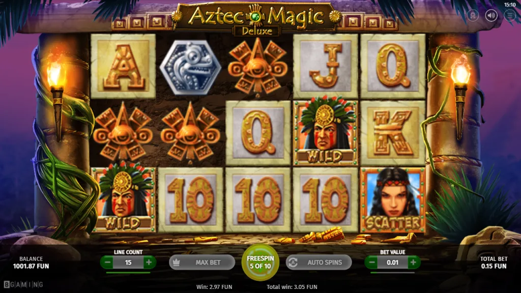 Aztec Magic Deluxe free spins win with two Aztec warrior wilds