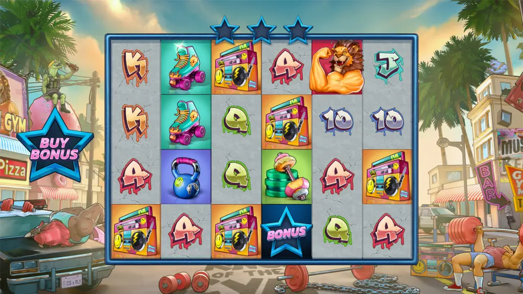 Beast Mode official screenshot by Relax Gaming showing the base game reels on Venice Beach