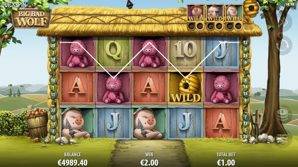 Big Bad Wolf base game line win with a beehive wild