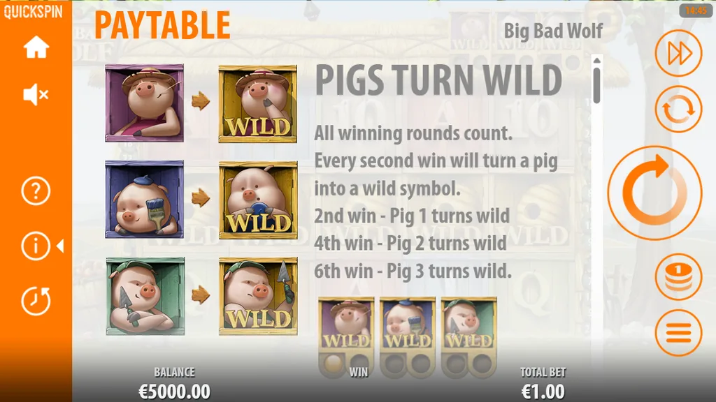 Big Bad Wolf paytable page explaining the Pigs Turn Wild feature