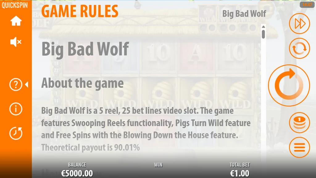 Big Bad Wolf game rules showing 90.01% theoretical payout in the demo