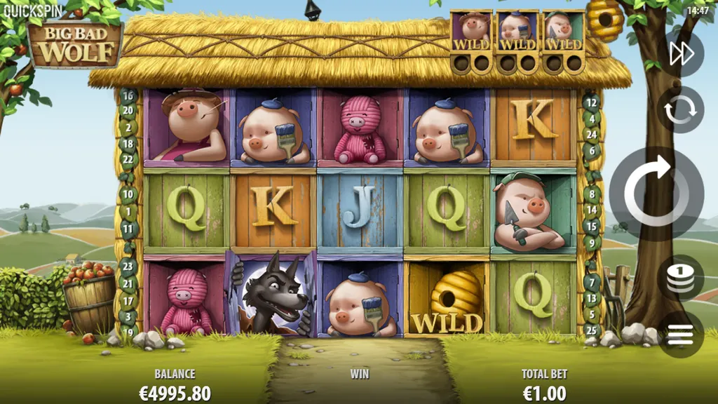 Big Bad Wolf 5x3 reels with pigs and beehive wild in the base game