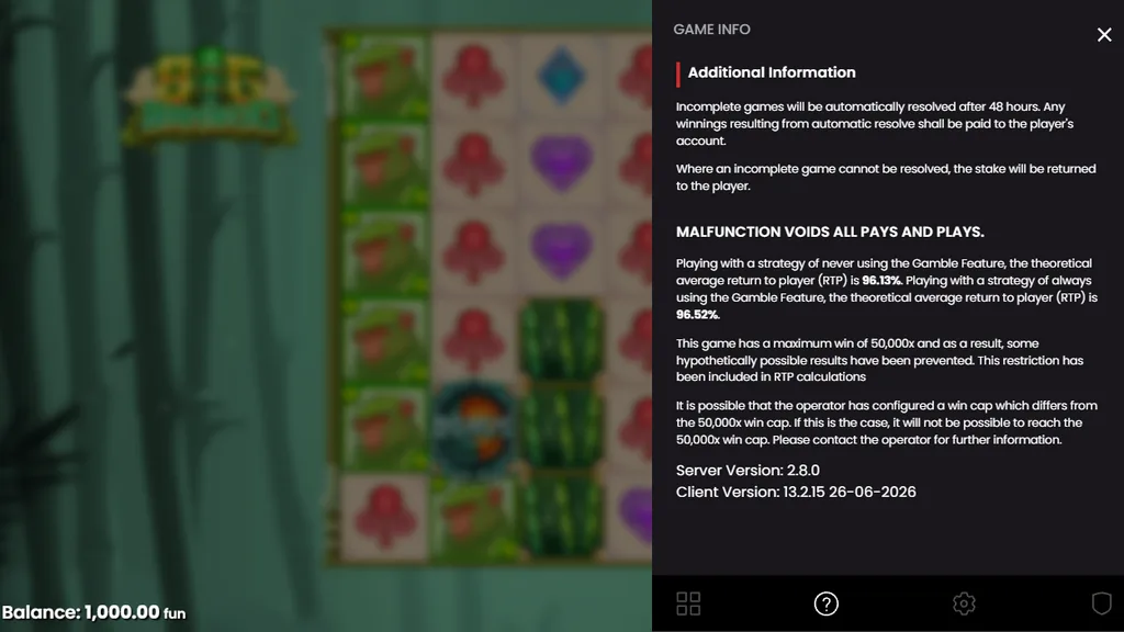 Big Bamboo game rules showing 96.13% RTP and 50,000x max win