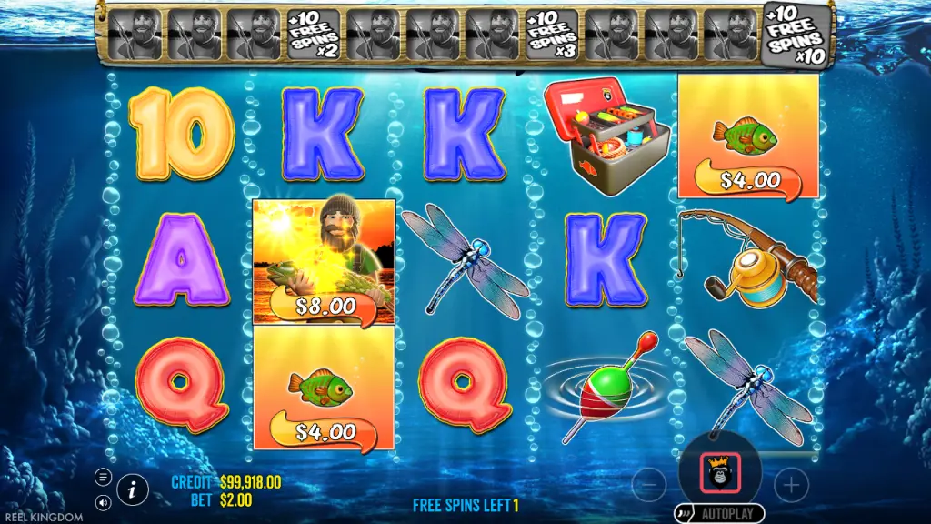 Big Bass Bonanza fisherman wild collecting fish values in free spins
