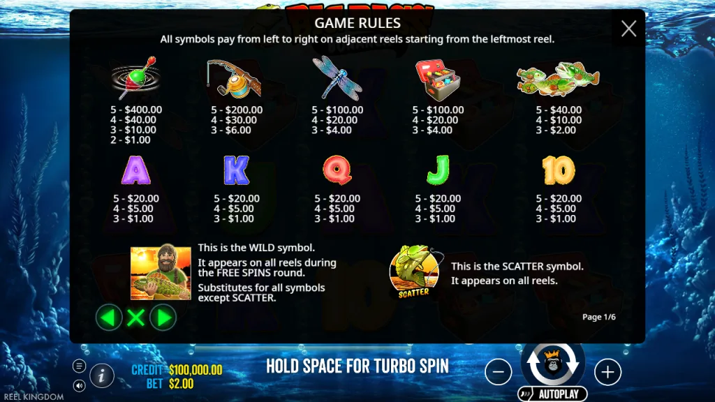 Big Bass Bonanza paytable with wild and scatter symbols