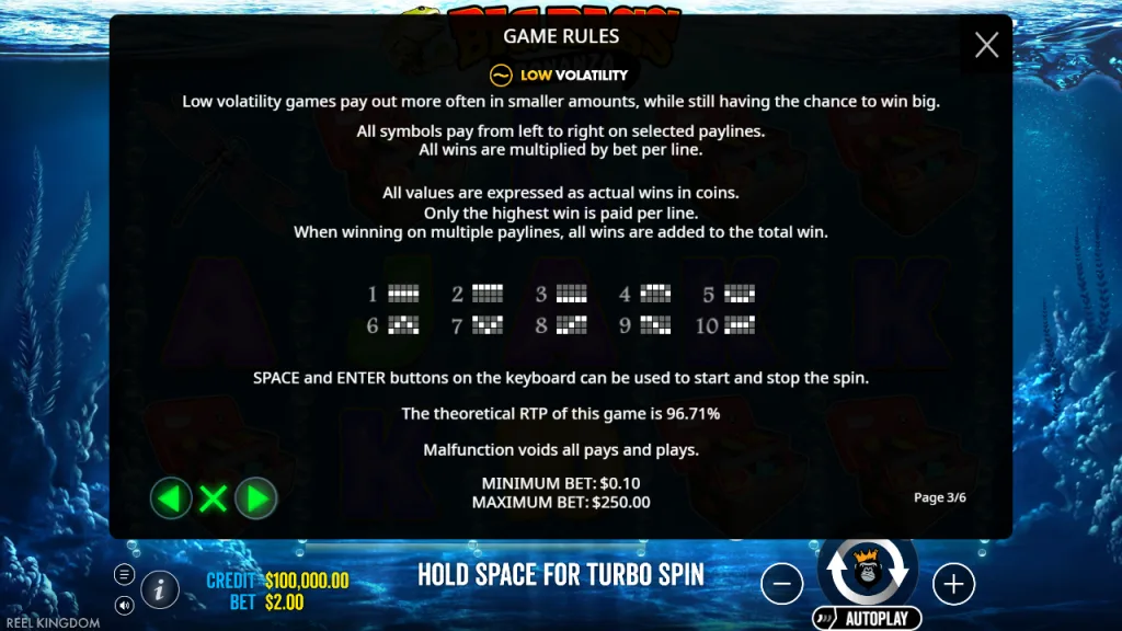 Big Bass Bonanza game rules with 96.71% RTP, low volatility and bet limits