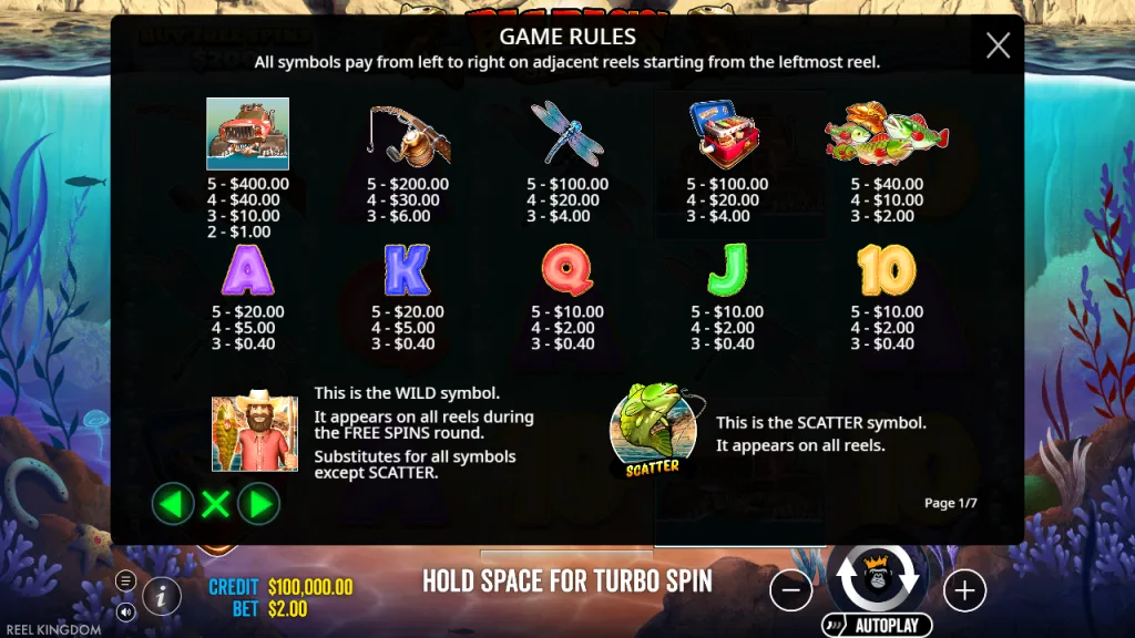 Big Bass Splash paytable with wild and scatter symbols