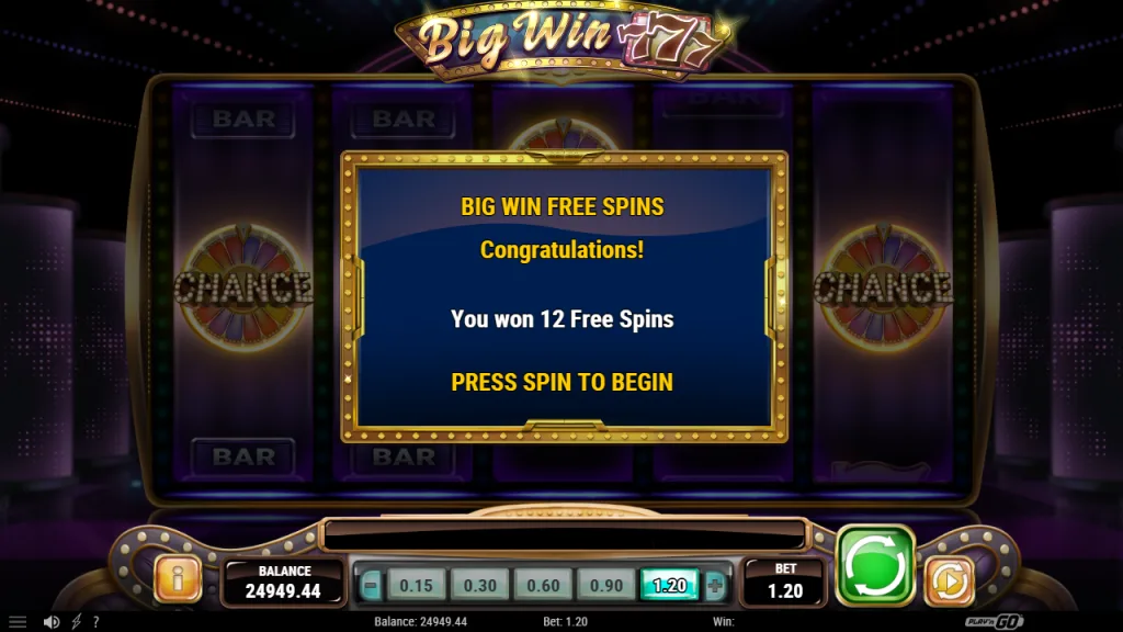 Big Win 777 12 free spins awarded by the Chance Wheel