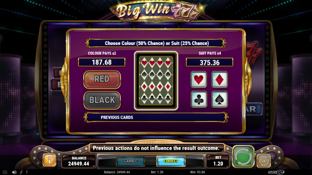 Big Win 777 gamble screen with colour and suit choice