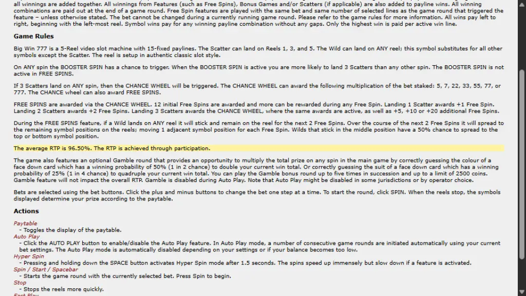 Big Win 777 game rules showing the 96.50% average RTP