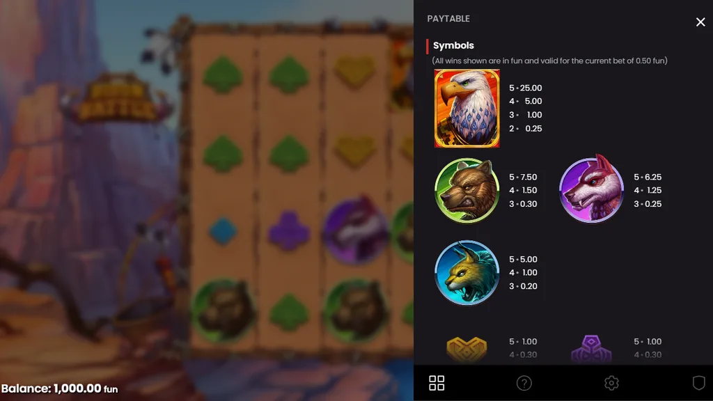 Bison Battle paytable with eagle, bear and wolf payouts