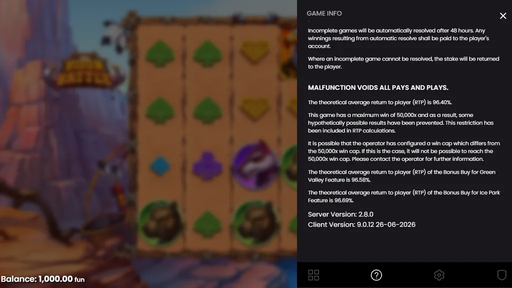Bison Battle game rules showing 96.40% RTP and 50,000x max win