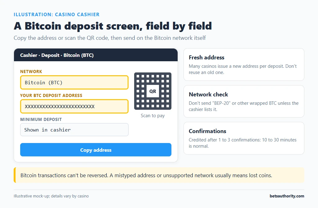 Mock-up of a casino cashier Bitcoin deposit screen with the Bitcoin network label, BTC deposit address, QR code and minimum deposit field
